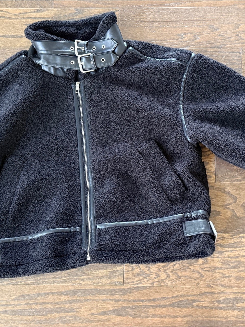 Elle Black Sherpa Puffer Jacket with Buckle Collar